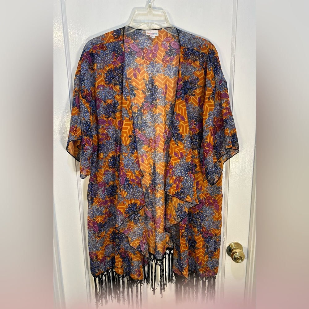 LuLaRoe Women's Large Wrap/Sweater Black Fringe Multi Color Short Sleeve Sheer